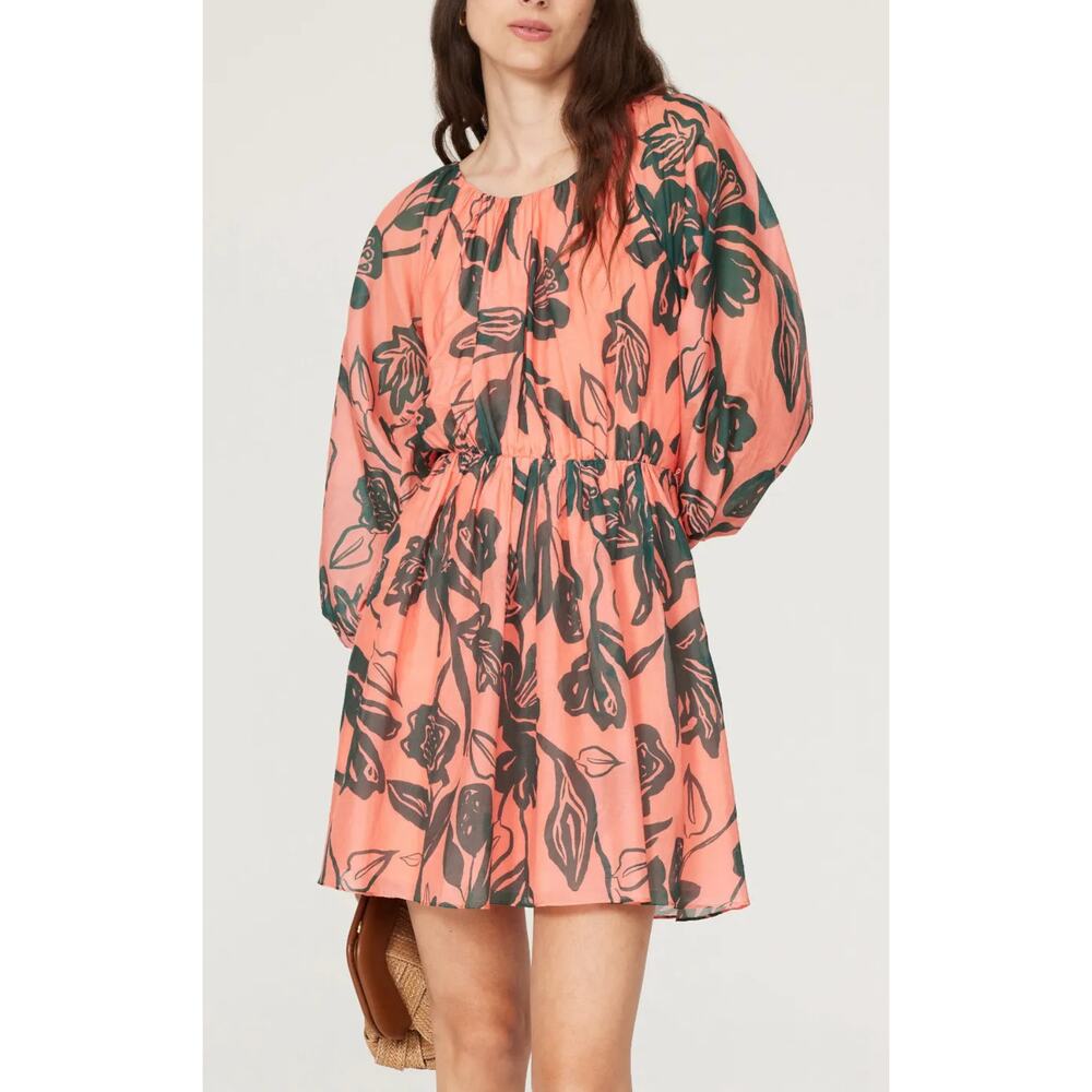 Tanya Taylor Shay Floral Mini Dress XL Pink Coral Silk Cotton Blouson